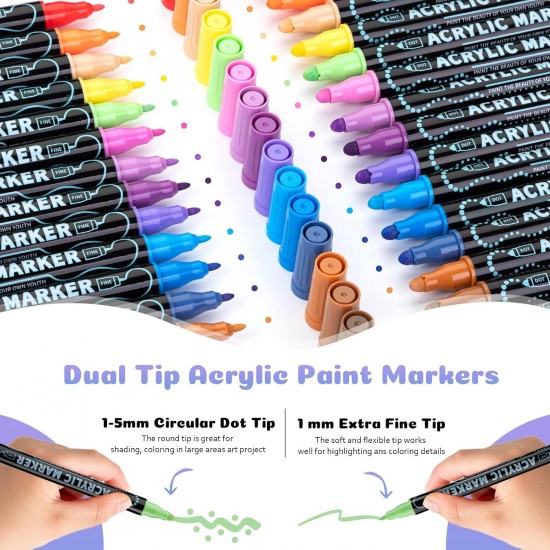 Marker Acrylic ,Dual Tip Paint |Water Soluble Coloring with Fine Tip and Dot Tip Marker Pens